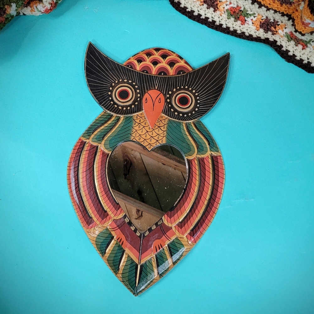 Colorful wood horned owl mirror